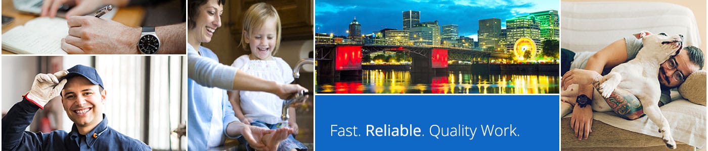 Drain service tech, woman sharing water with daughter, Portland skyline at night, and man with dog in a banner. 