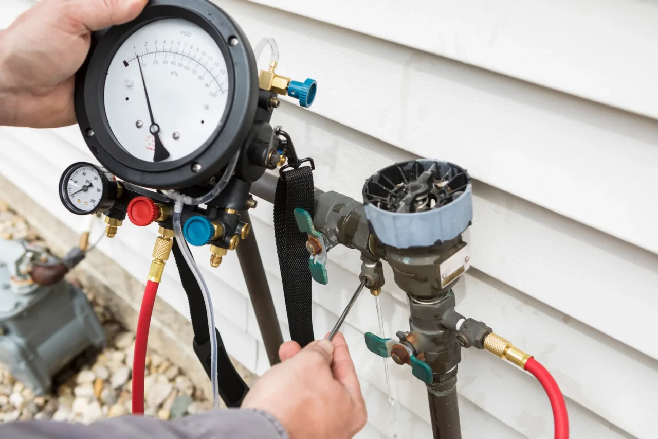 Hands operating a pressure gauge connected to an exterior backflow assembly.