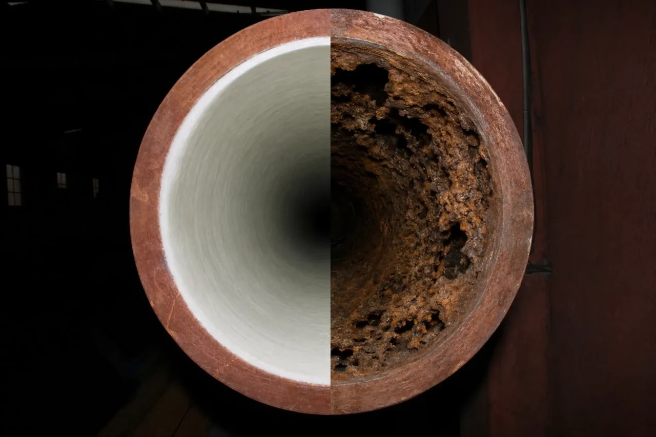 Cutaway comparison of a smooth pipe liner and a pipe with heavy interior buildup.