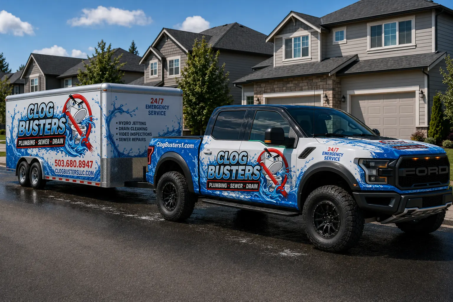 Clog-Busters-New-Truck-Rig Clog Busters branded Ford truck and matching trailer parked in suburban neighborhood, advertising 24/7 plumbing services.