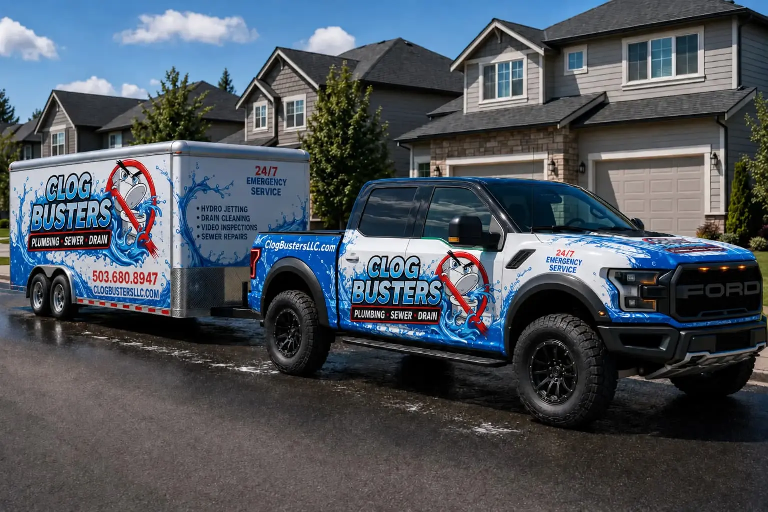 Clog Busters Plumbing Truck in Suburbia Clog Busters plumbing truck parked in suburban neighborhood.