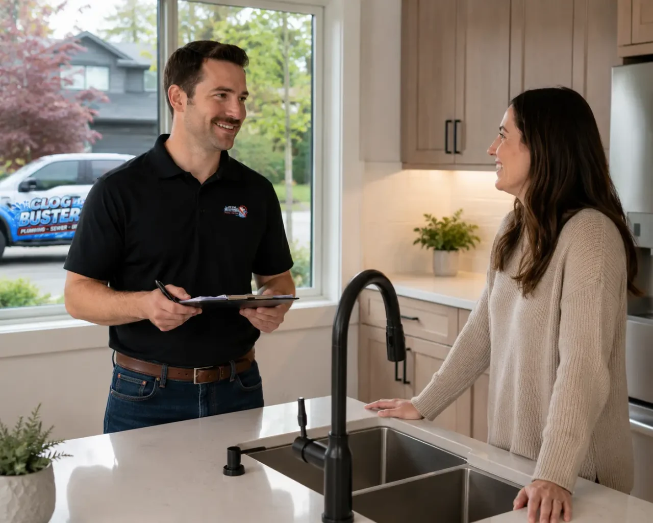 Smiling Clog Busters plumber with clipboard consulting homeowner in bright modern kitchen, service truck visible outside