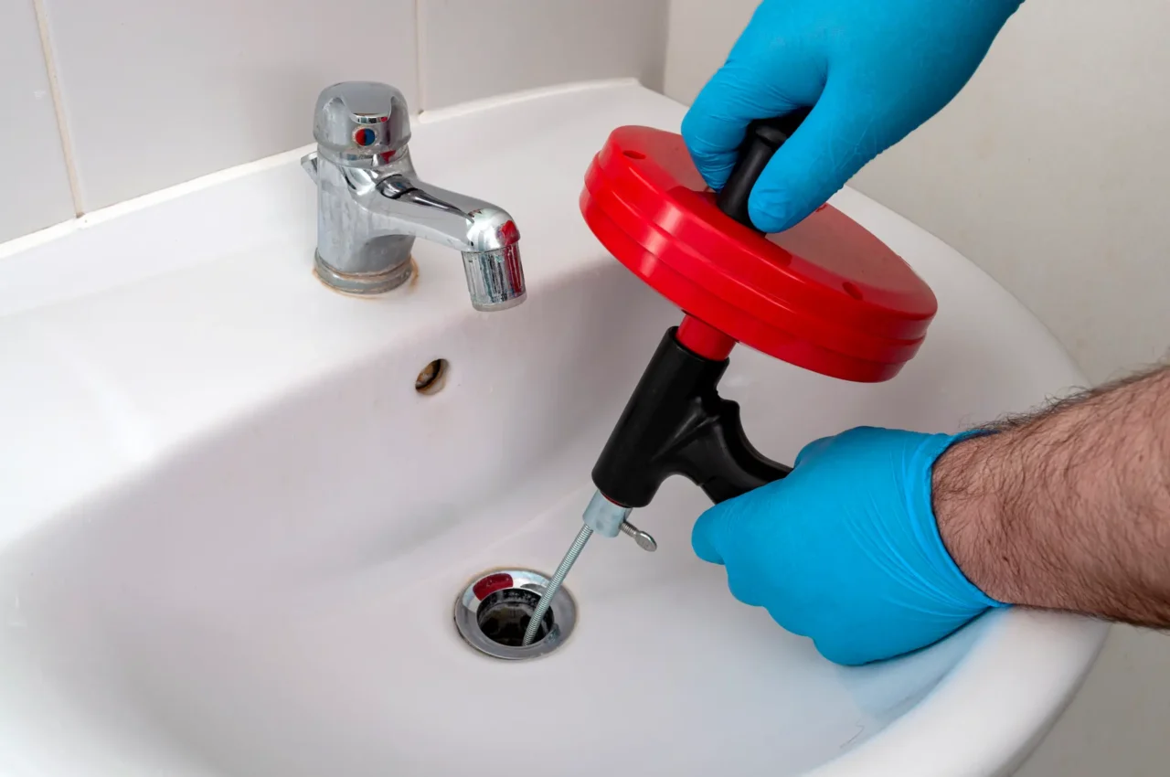 Blue-gloved hands using a red hand auger at a bathroom sink.