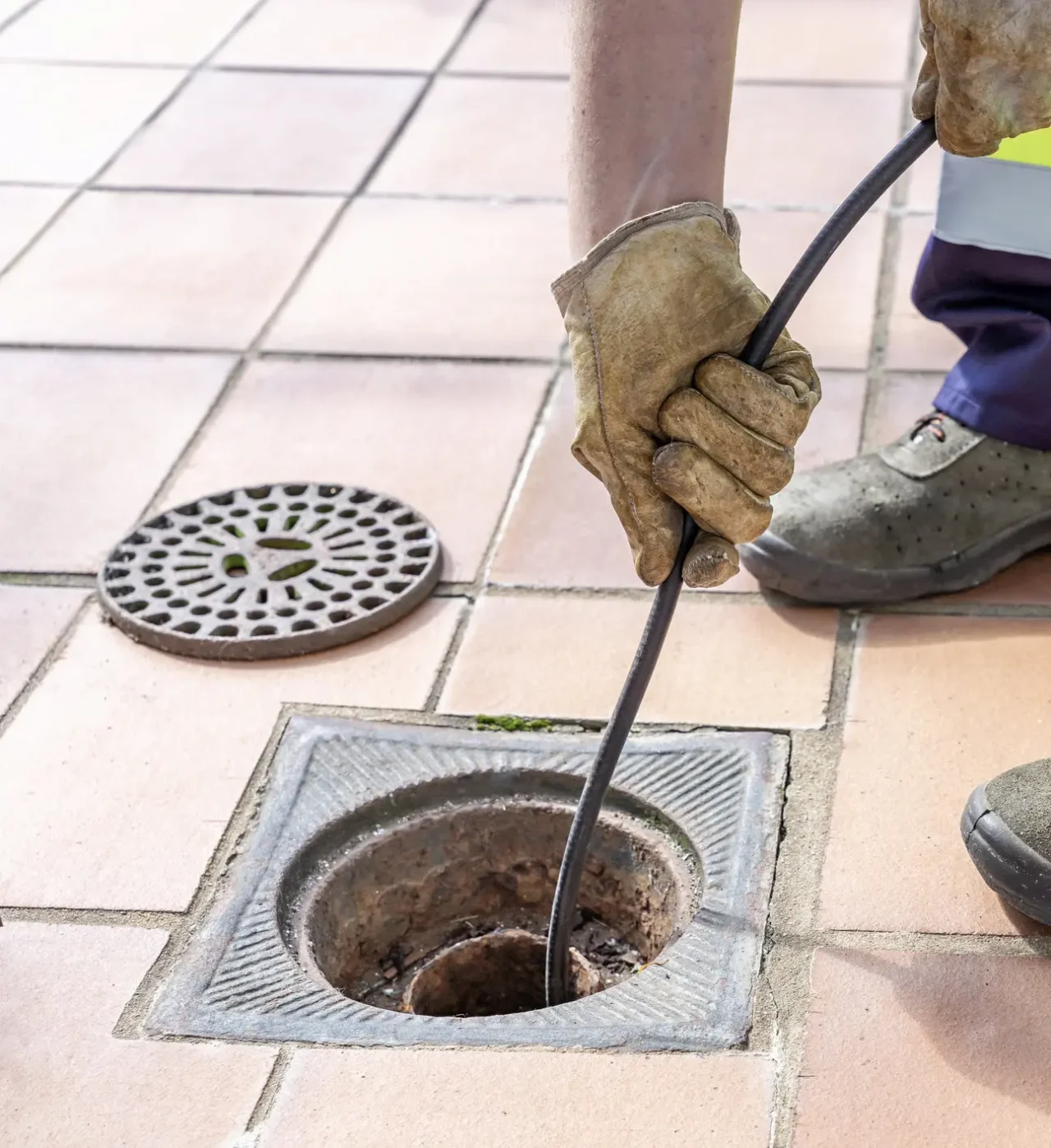 Gloved worker feeding a cable into an open floor drain.