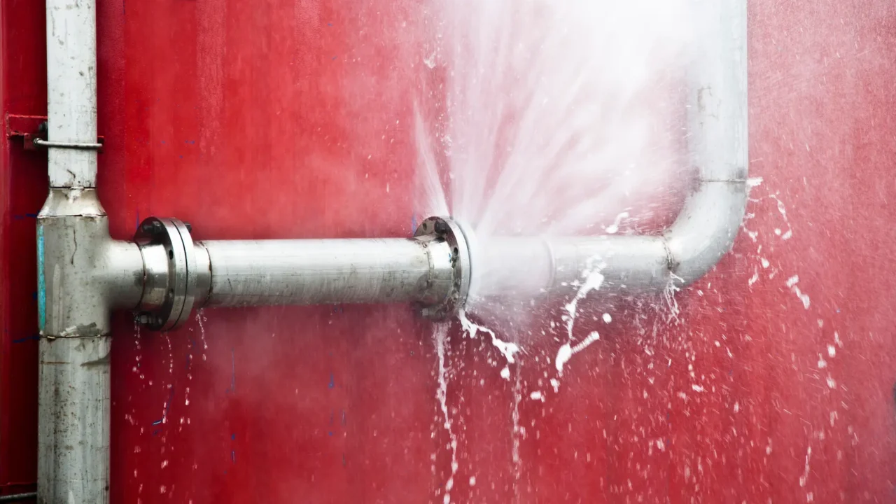 Water spraying from a broken pipe against a reddish wall.