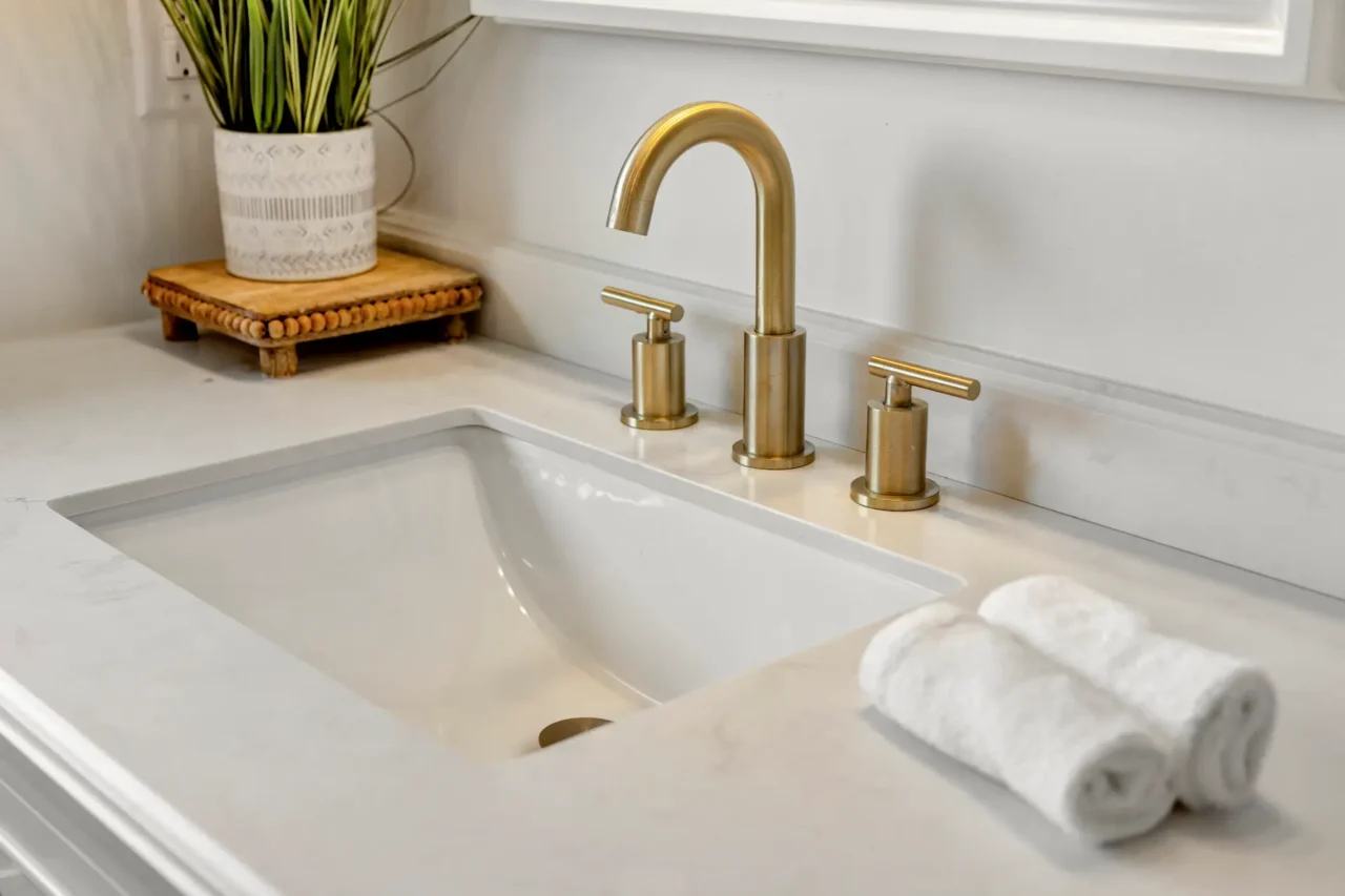 White basin with a gold-toned faucet and handles.