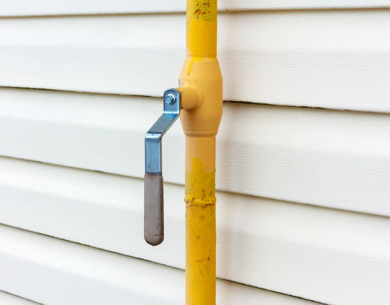 Yellow gas line with a shutoff lever beside exterior siding.