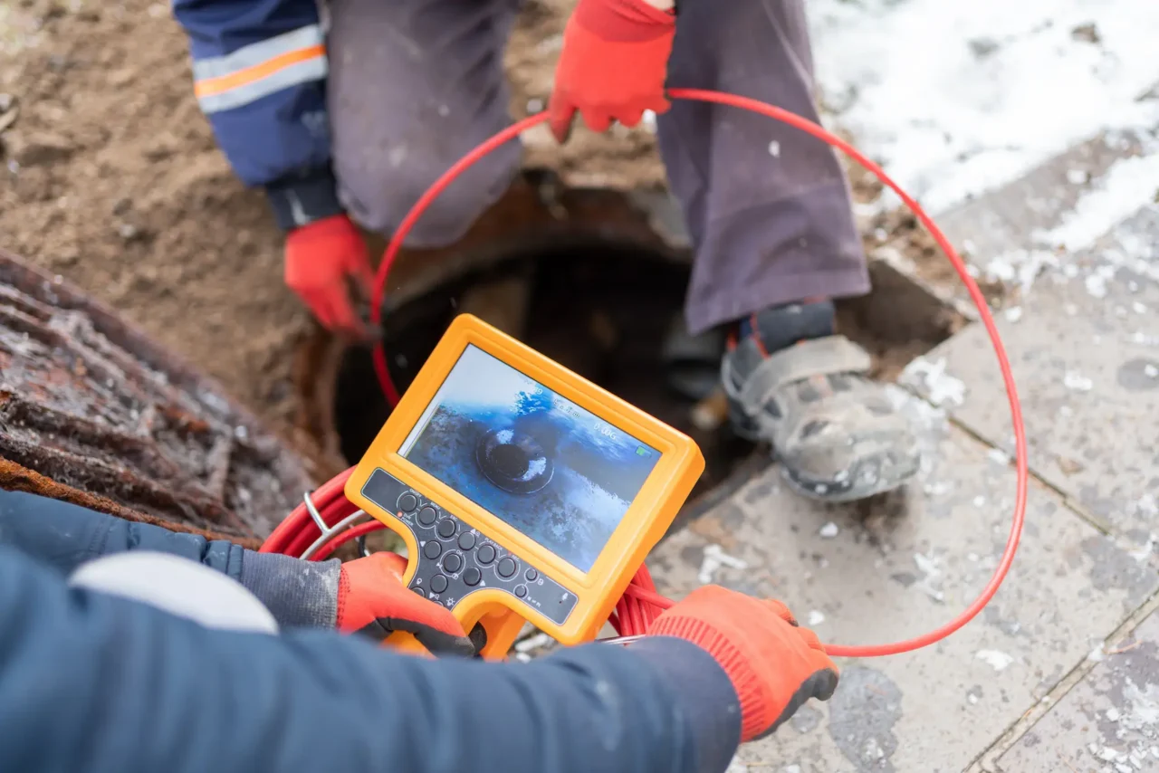 Workers inspect sewer line with camera monitor at manhole.