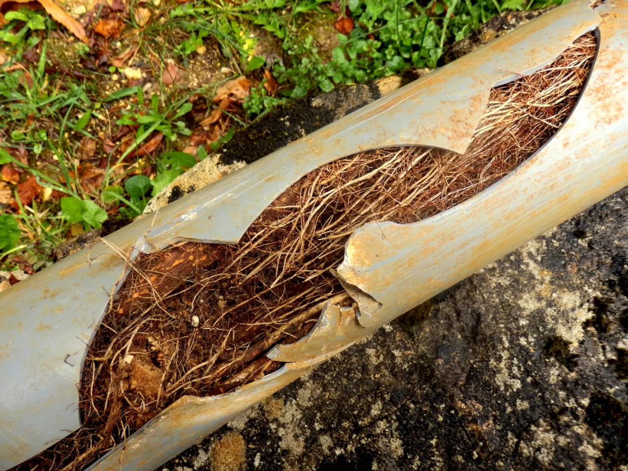 Roots filling the opening of a damaged pipe.