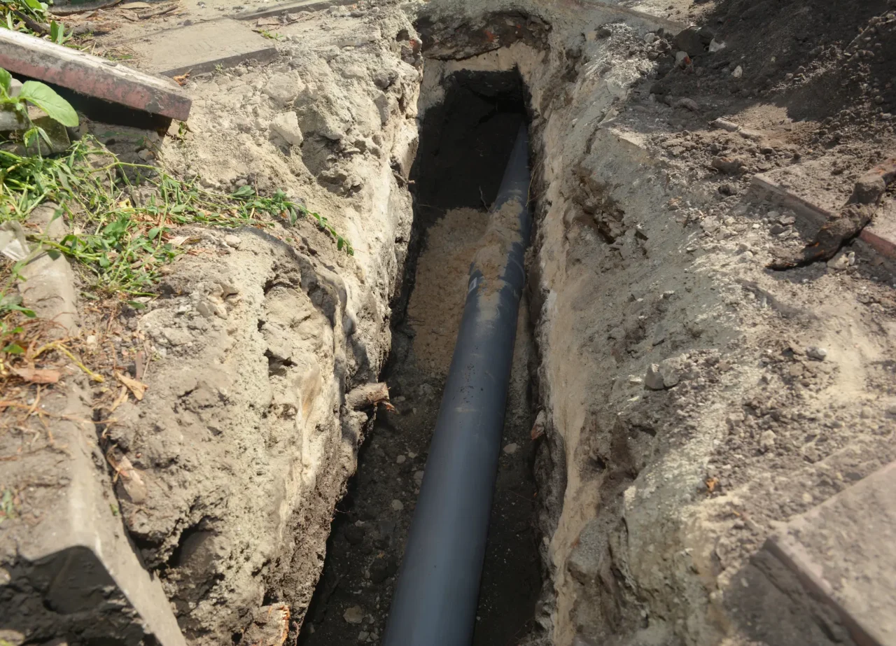 Black pipe laid in a dug trench along a sidewalk.