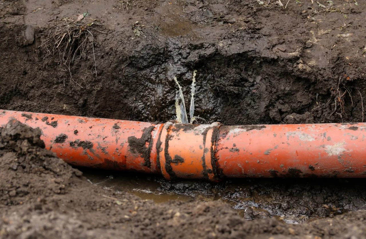 Water spraying around a damaged section of orange pipe beneath the ground.