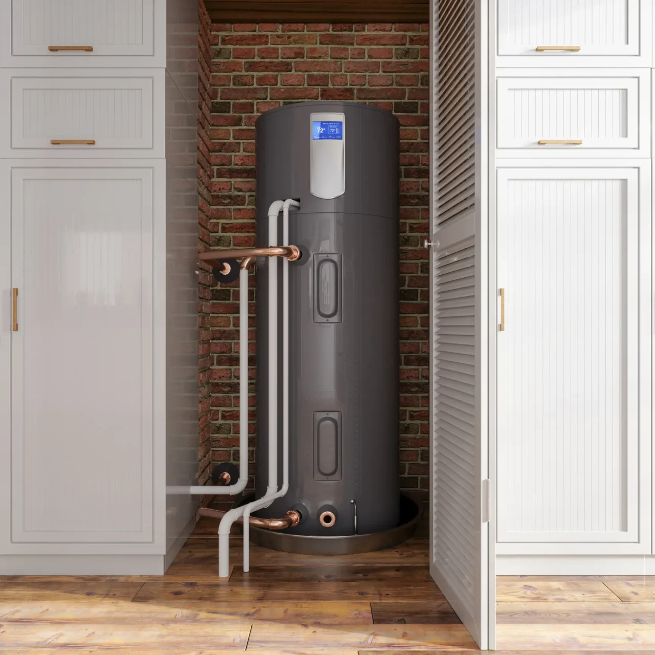Upright tank water heater installed in a cupboard.