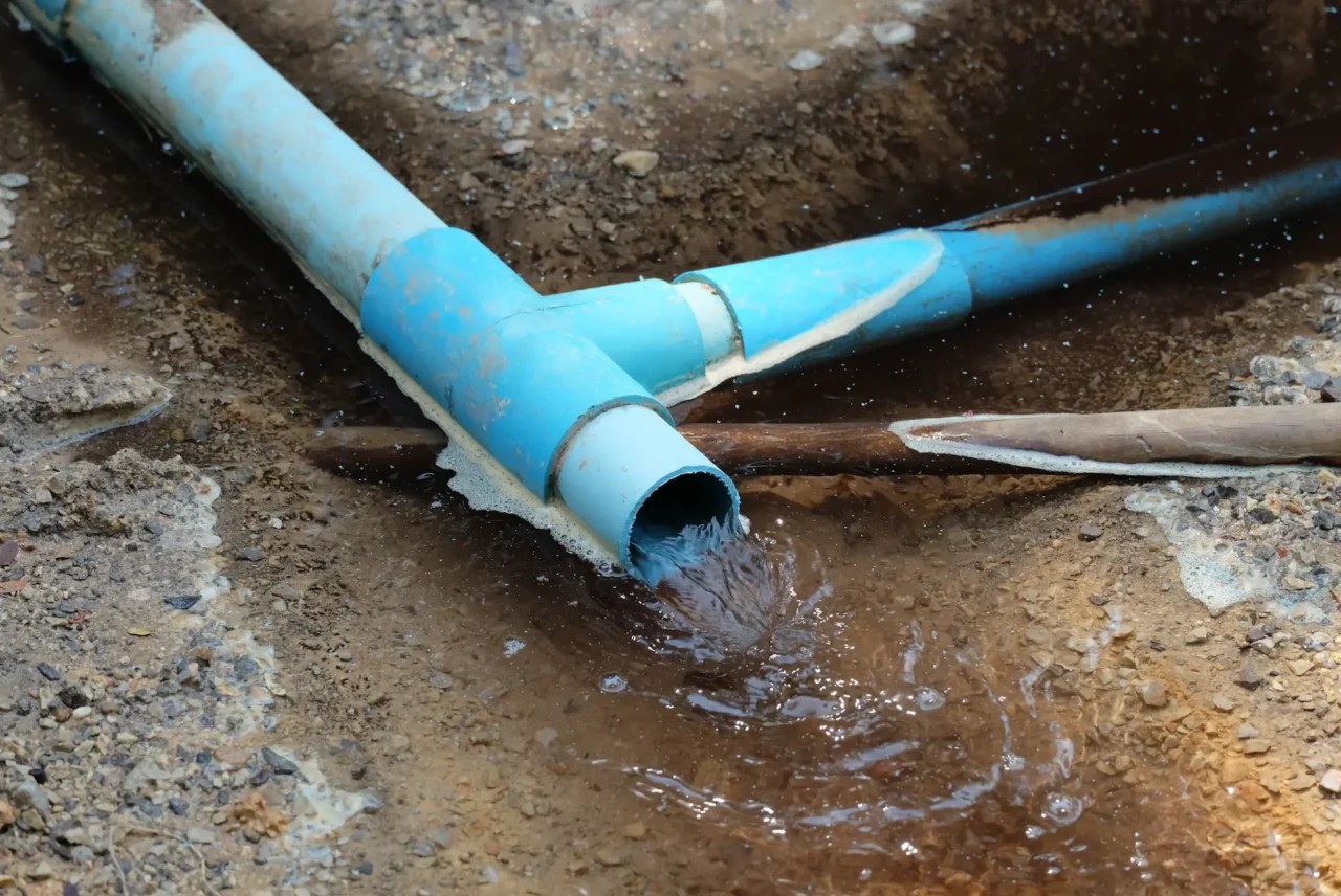 Water flowing from a blue pipe fitting into exposed soil.